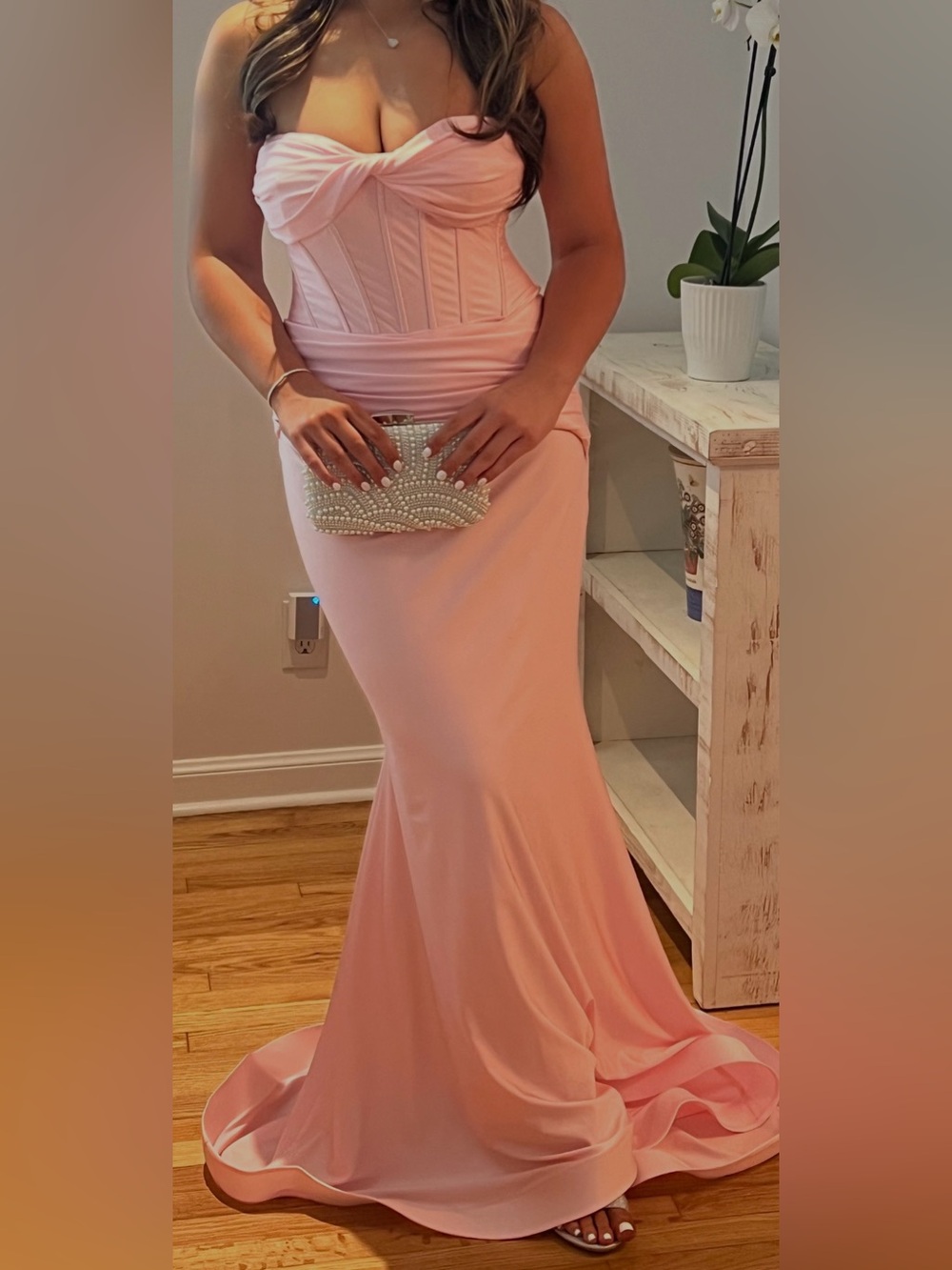 Strapless Twist-Bust Prom Gown in Light Pink
